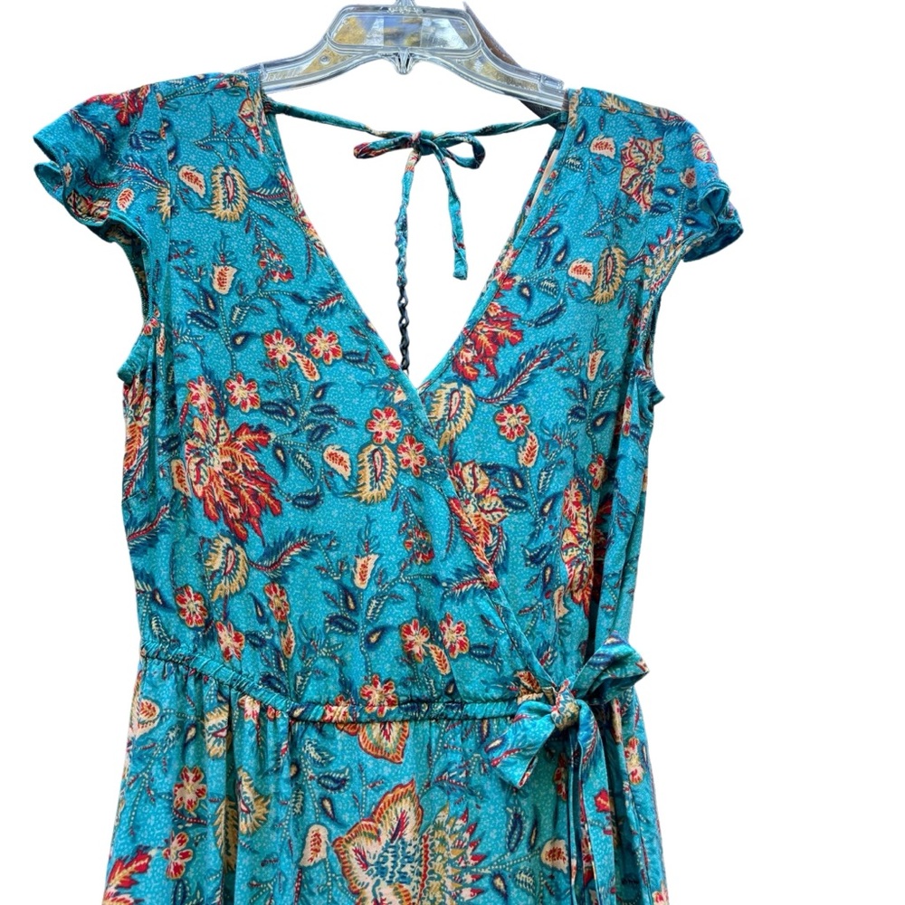 Band Of The Free Maxi Dress Blue Floral Double V Neck Faux Wrap Pockets Size M - Picture 8 of 11